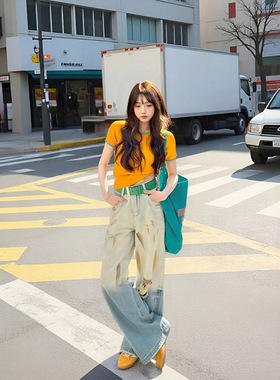 LDAB蓝色休闲裤女2025春夏季新款重工洗水创意涂鸦破洞阔腿牛仔裤