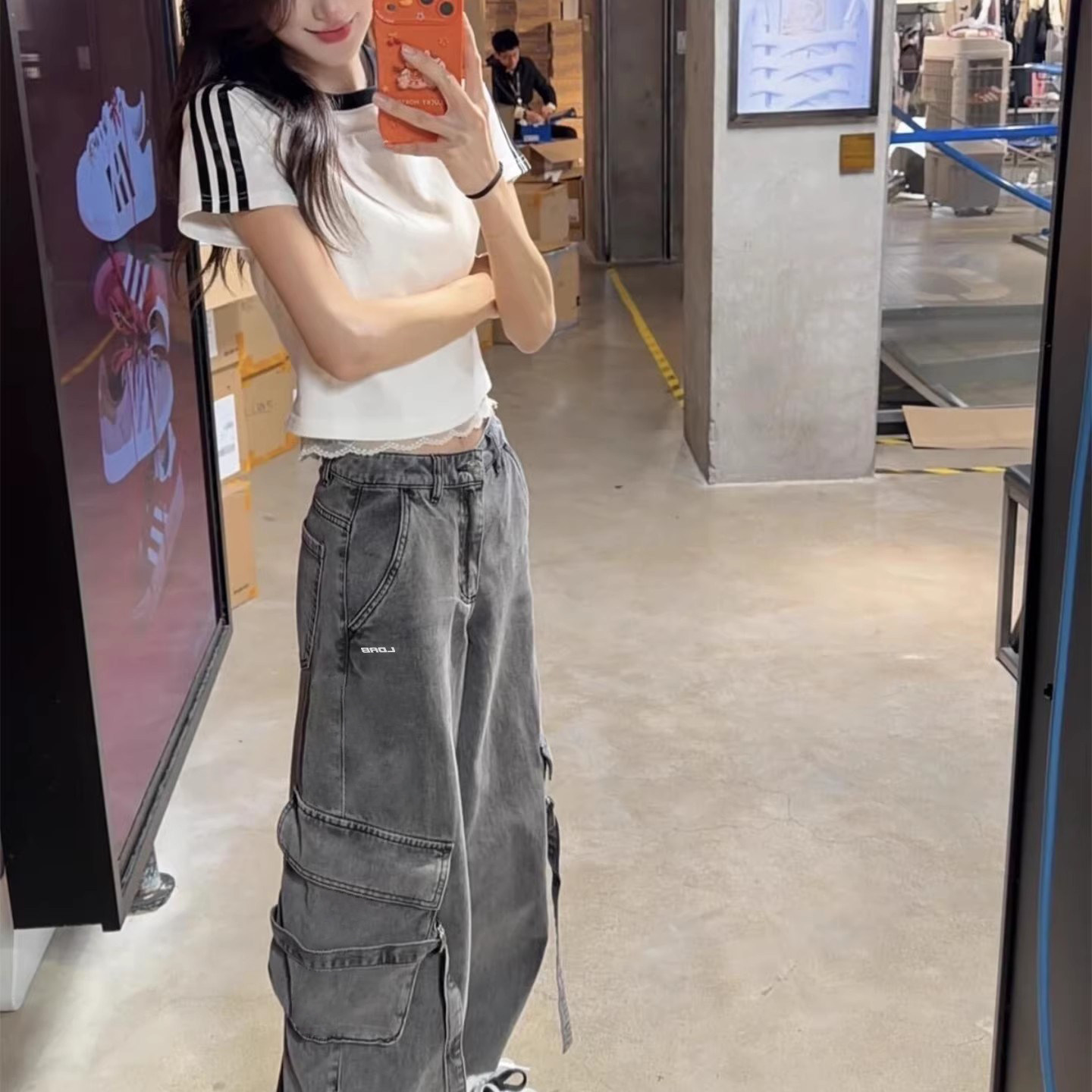 临典灰色工装牛仔裤女2026夏季新款美式复古小个子酷飒薄款阔腿裤