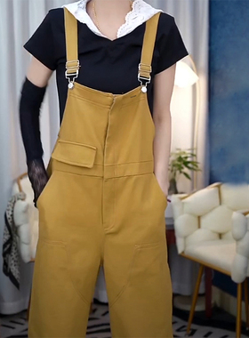 LDAB黄色牛仔背带裤女2025夏季新款美式侧兜宽松显瘦小个子连体裤