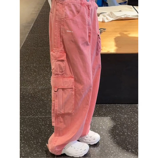 粉色工装牛仔裤女2026新款美式小个子超火多巴胺酷飒宽松直筒裤子