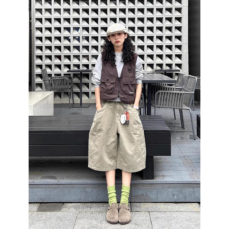 卡其色五分工装短裤女2026夏季新款美式酷飒休闲山系宽松中裤套装