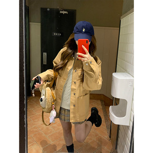 临典卡其色外套女2025秋季新款美式复古水洗做旧宽松休闲帆布夹克