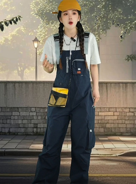 LDAB深蓝色工装背带裤女2025春夏季新款美式复古口袋小众阔腿裤