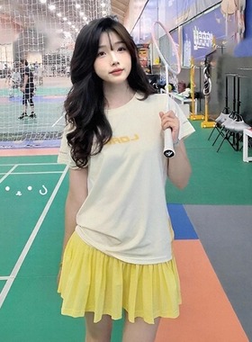 LDAB绝美黄色运动羽毛球服套装女2026新款高颜值棒球短袖t恤短裙