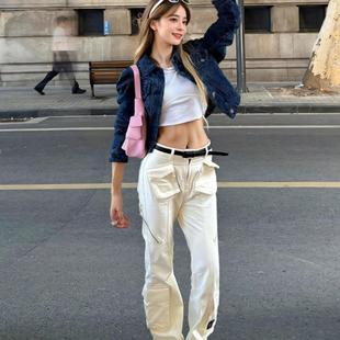 临典米白色工装裤子女美式高街hiphop设计感小众ro微喇拼接长裤