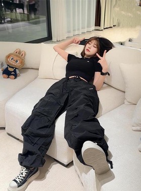 LDAB黑色系带伞兵裤女2025春秋季新款美式休闲长裤宽松阔腿工装裤
