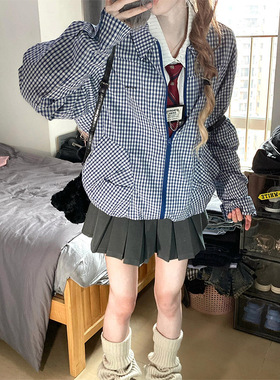 LDAB蓝色格子衬衫夹克女2025春夏季新款美式复古休闲小众百搭外套