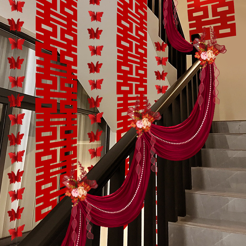 楼梯扶手结婚装饰纱幔套装