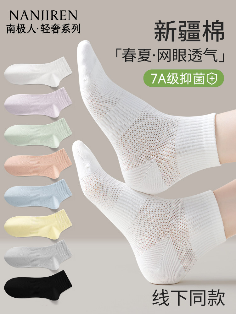 南极人袜子女网眼短袜夏季薄款新疆棉吸汗抗菌防臭中筒袜2026新款