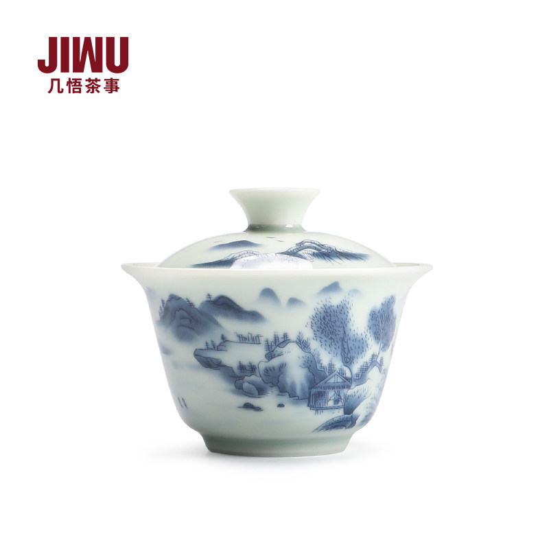 陶瓷三才盖碗茶杯单个家用国风千里江山复古青花瓷功夫茶具泡茶碗