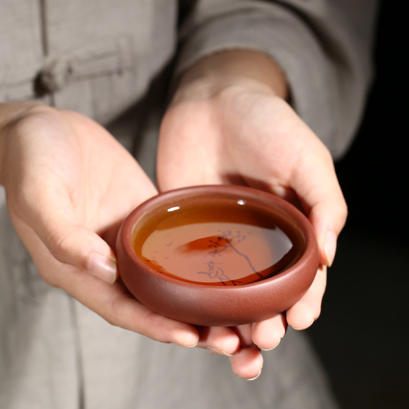 紫砂品茗杯口杯宜兴纯手工粉浆刻字普洱茶杯功夫茶具紫砂杯小杯子