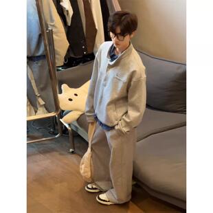 少年感慵懒风卫衣卫裤 一整套穿搭 男秋季 麻灰色韩系学院风休闲套装