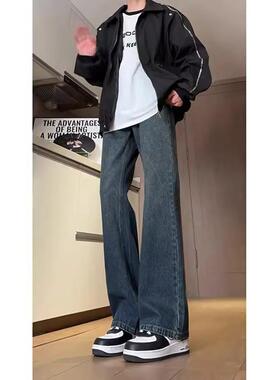 美式复古深蓝色微喇牛仔裤男款高质量直筒加长裤子高街窄版弯刀裤