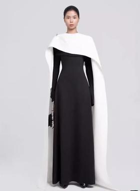 现货法式复古撞色披肩连衣裙新款高级感简约修身礼服长裙40247