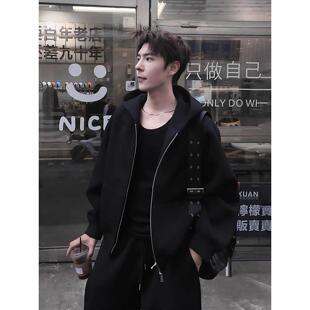 卫衣男款 帽衫 秋季 潮牌短款 重磅正肩连帽外套美式 浅灰色双拉链开衫