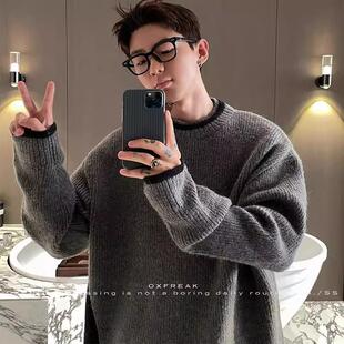 灰色美式复古圆领毛衣男款冬季老钱风坑条针织衫慵懒松弛感毛线衣