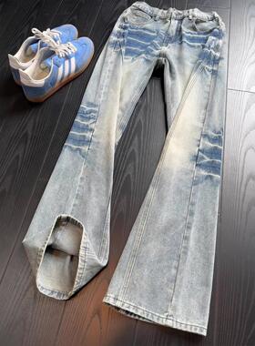 外贸浅蓝色闪电纹牛仔裤男款美式复古高街痞帅直筒显瘦微喇弯刀裤