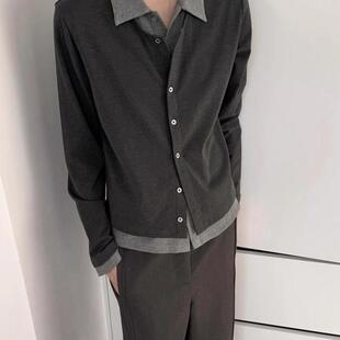 2025秋季 灰色假两件拼接开衫 叠穿老钱高智感翻领正肩针织衬衫 新款