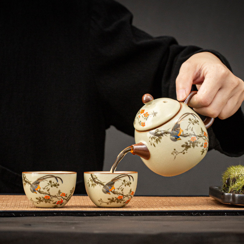 米黄汝窑茶壶喜鹊功夫茶具套组景德镇泡茶器喝茶单壶茶杯小套装