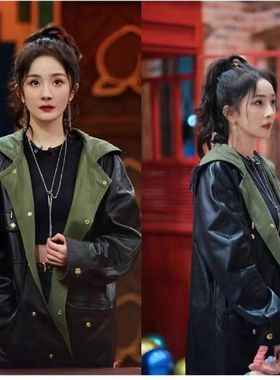 Queen 胖MM 明星同款 黑色高级感气质连帽中长款皮衣外套上衣女式