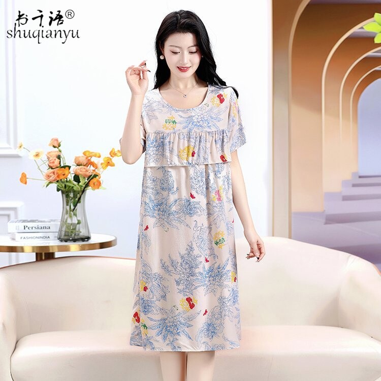 防凸点连衣裙夏2026新款短袖绵绸睡裙妈妈可外穿棉绸家居服睡衣裙