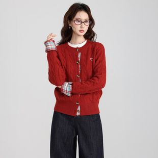 红色麻花假两件正肩加厚毛衣外套女2026秋冬季针织开衫慵懒风上衣