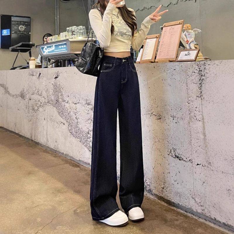 直筒牛仔裤女秋冬新款2025年加绒小个子高腰宽松复古窄版阔腿裤