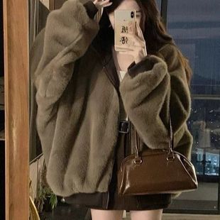 座山雕大码美式复古双面穿加绒连帽外套女冬季宽松保暖百搭上衣