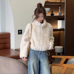 韩系立领羊羔毛短款外套女2025冬季新款宽松显瘦加厚保暖毛毛上衣