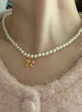 韩国东大门代购earlobe蝴蝶结珍珠项链锁骨链甜美秋冬新款珠子链