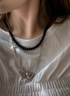 韩国东大门代购earlobe黑色串珠项链纯色百搭款简约设计通勤韩式