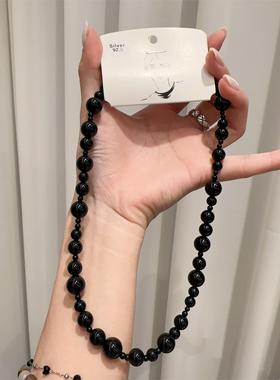 0318韩国东大门代购thequeen黑色玛瑙925项链 百搭复古大小珠通勤