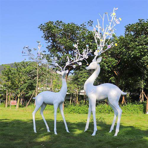 玻璃钢几何抽象艺术白鹿雕塑商场园林景区展馆铁艺梅花鹿动物摆件