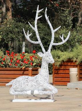 户外不锈钢镂空字母梅花鹿雕塑草坪公园发光动物装饰美陈摆件