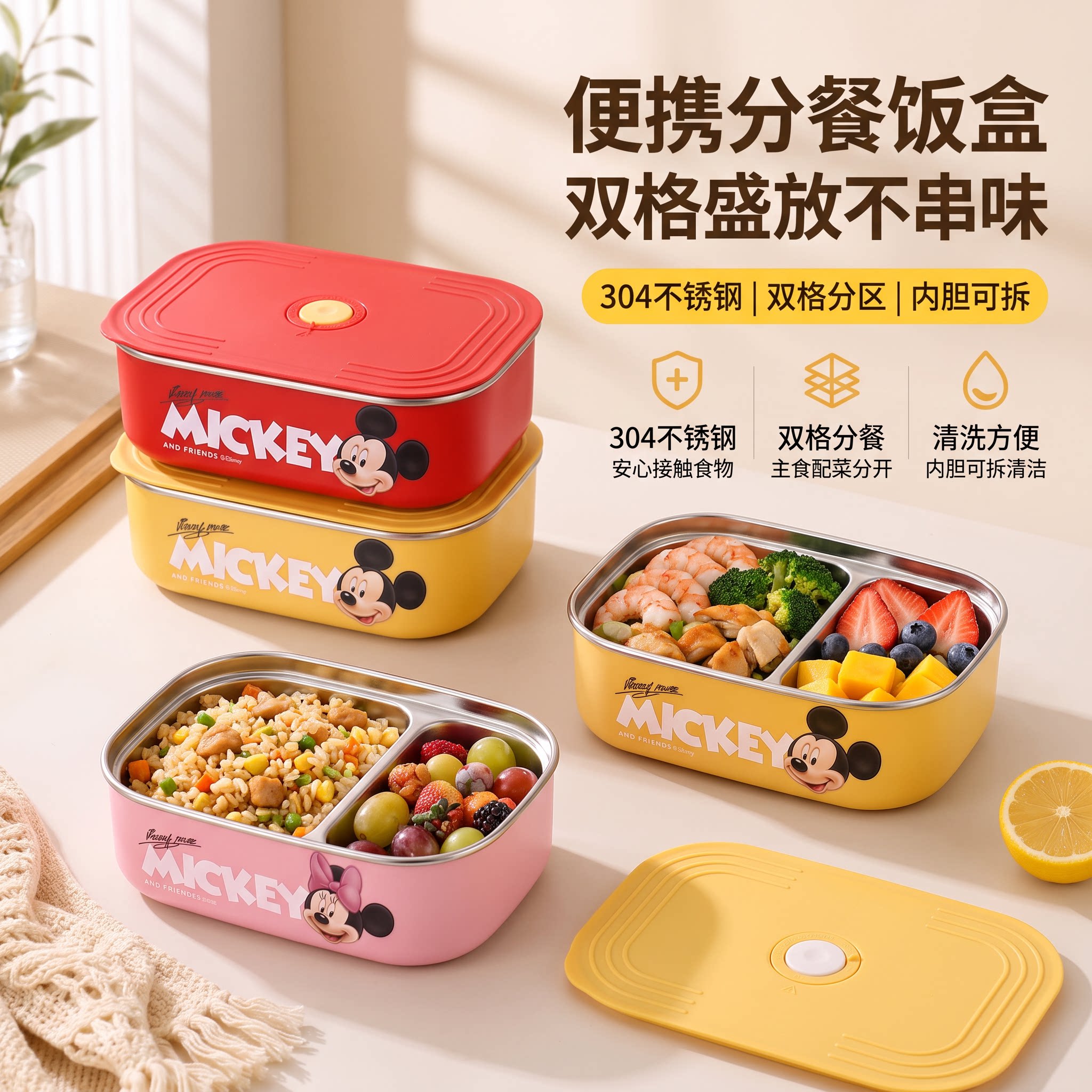 迪士尼联名保温饭盒上班族专用不锈钢便当盒餐盒食堂打饭专用图片