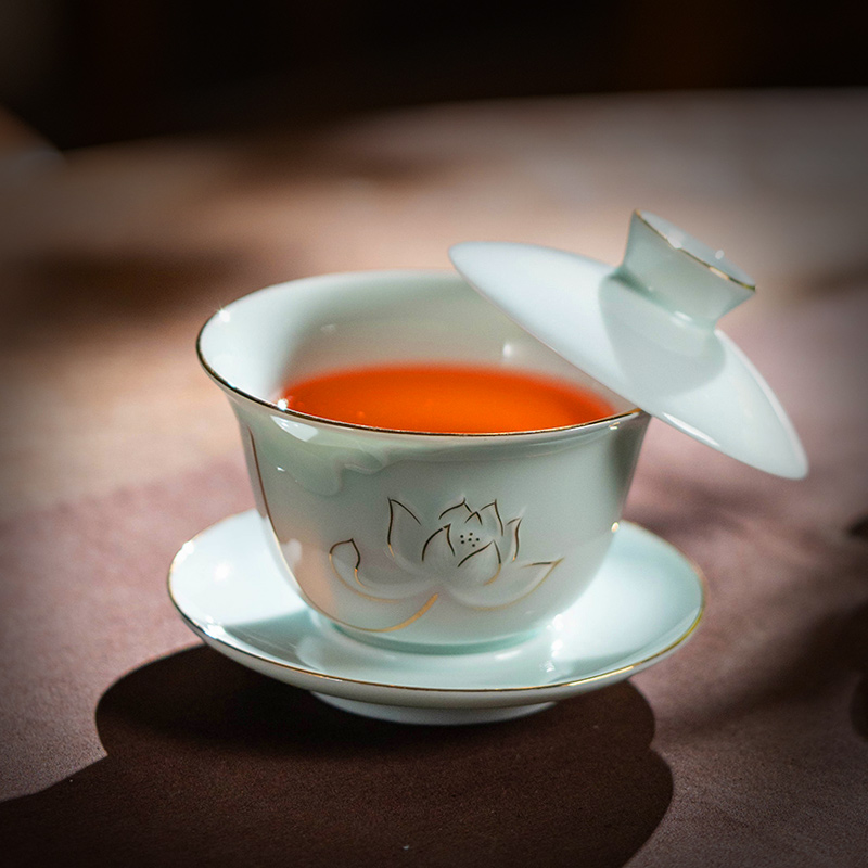 影青白瓷陶瓷泡茶悬停旋转三才盖碗描金功夫茶具茶碗家用单个带盖