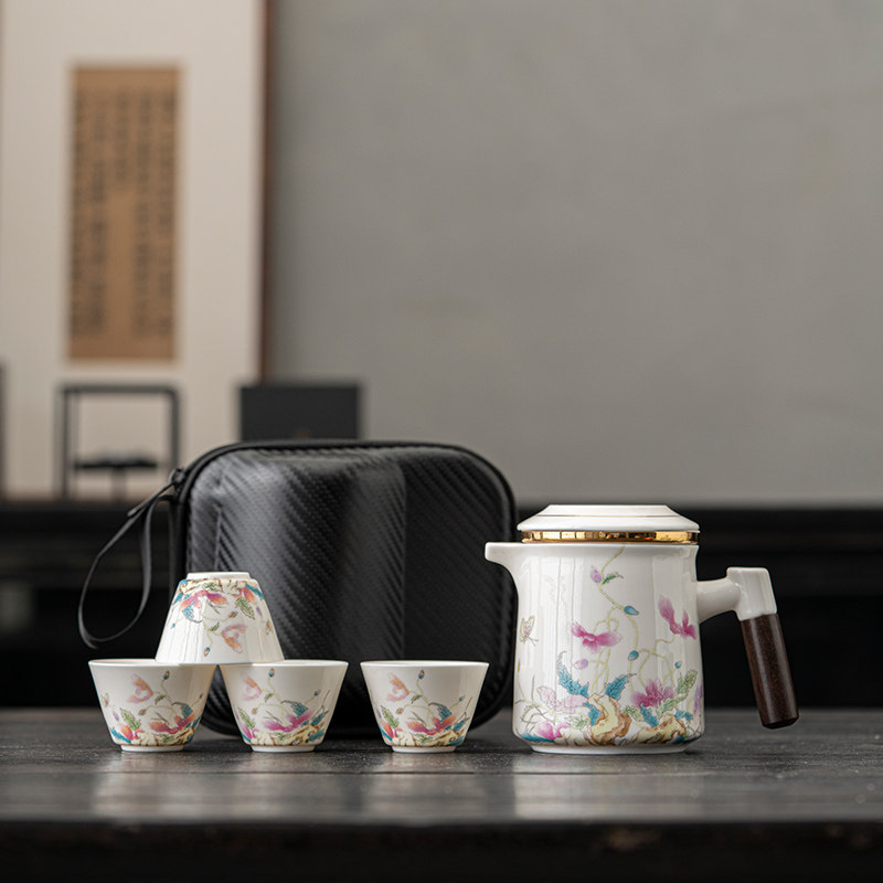 白瓷便携式旅行茶具套装快客过滤茶杯一壶四杯户外车载旅游泡茶壶