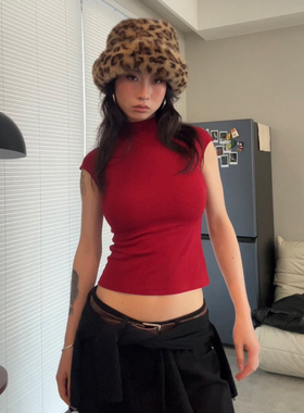 圆圈CIRCLE辣妹半高领小飞袖T恤修身气质显瘦百搭纯色弹力上衣女