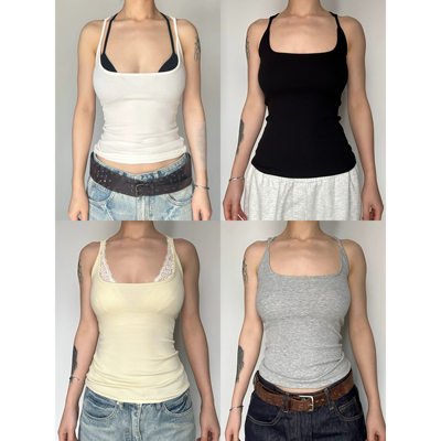 圆圈CIRCLE辣妹低领螺纹针织吊带背心夏季欧美休闲内搭显瘦女上衣