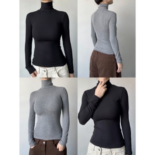 圆圈CIRCLE辣妹修身 螺纹显瘦上衣正肩T恤欧美秋冬T恤 中高领薄长款