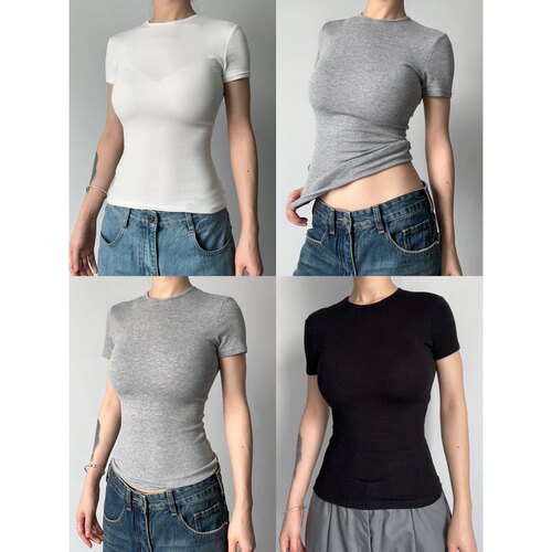 圆圈CIRCLE圆领修身经典三色长款螺纹上衣弹力显瘦正肩T恤欧美女