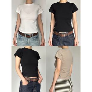 圆圈CIRCLE正肩纯色棉t恤微宽休闲基础弹力上衣短袖 小圆领棉T恤女