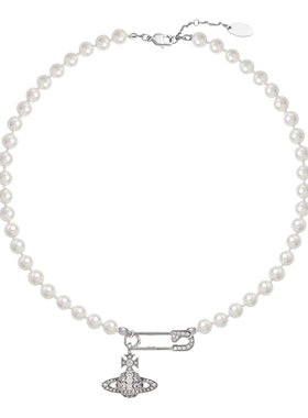 土星珍珠项链女别针立体星球颈链镶钻复古毛衣链小众设计锁骨链女