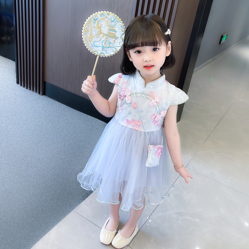 어린 소녀 치파오 거즈 스커트 서양식 여름 드레스  반팔 HANFU 드레스 복고풍 소녀 중국 스타일 공주 드레스
