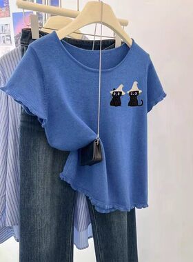 欧美Bea Edition宝藏推荐⭐小猫短袖针织T恤减龄舒适显瘦上衣女