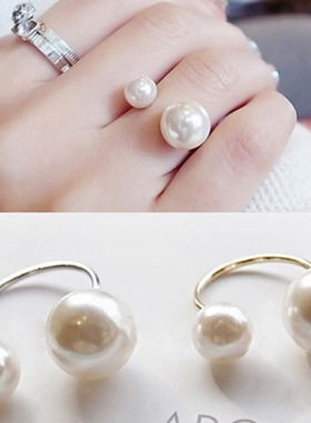 清库存 大小珍珠开口戒指女金色银色珠子时髦食指戒女孩地摊饰品