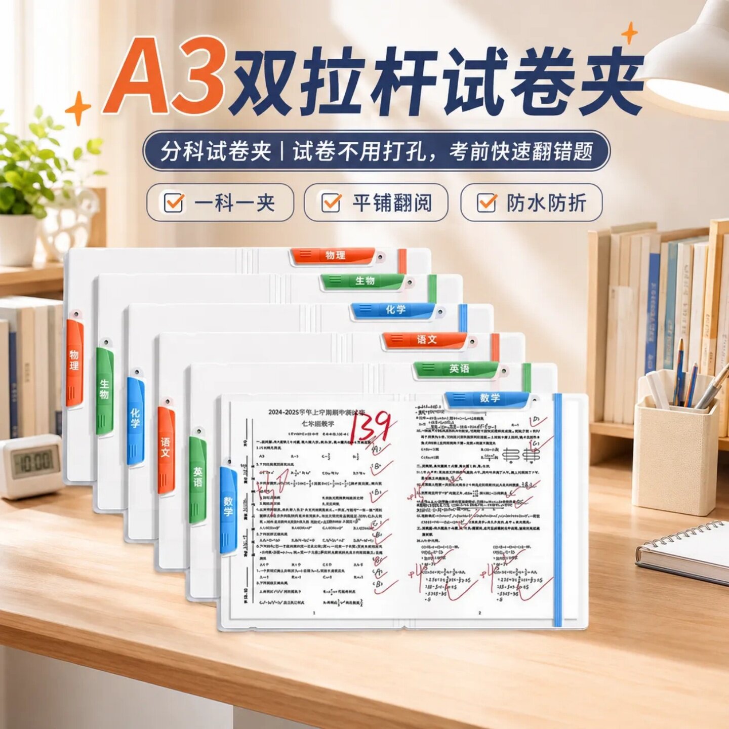 学生专用试卷资料整理夹双拉杆A3深色复古试卷夹收纳袋绑带文件夹