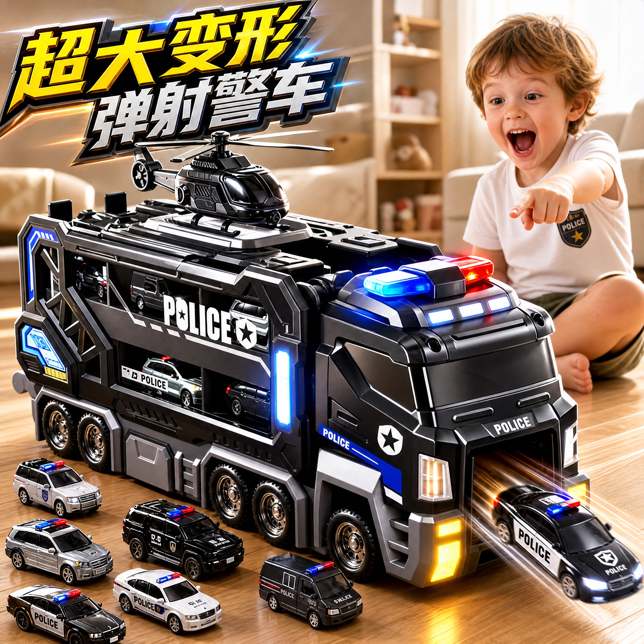 儿童轨道玩具警车变形滑行弹射