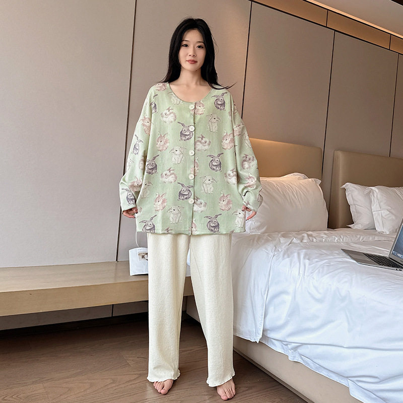 日系CherryKoko春秋新款女士大码睡衣甜美加大加肥可外穿家居服胖