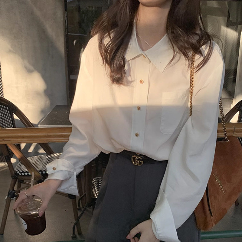 日系cherrykokoXIAOZHI~小金扣衬衫 法式叠穿经典上衣长袖天丝